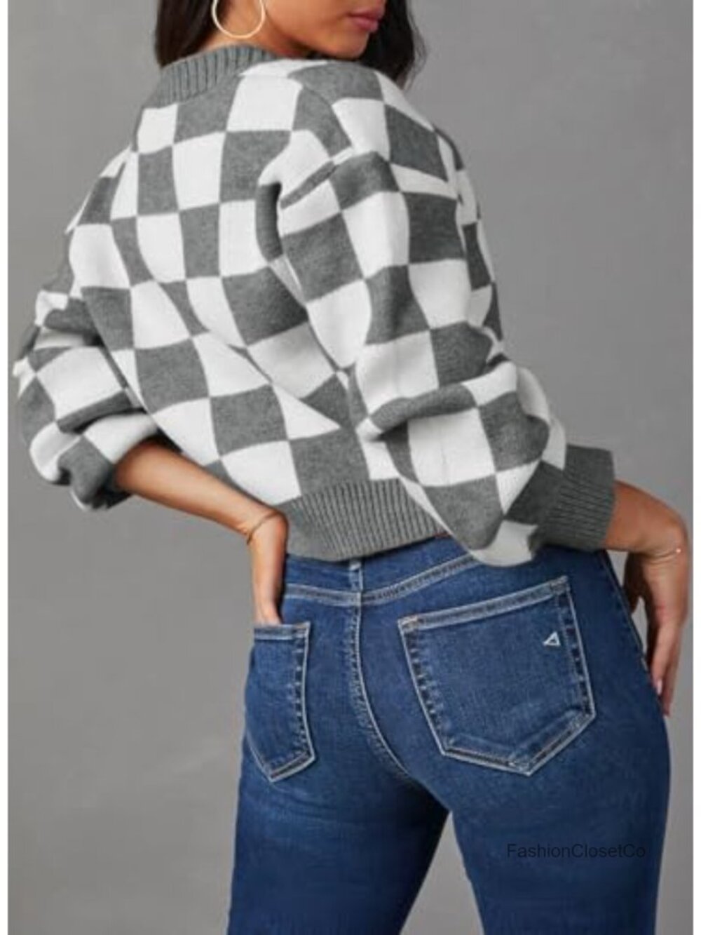 Women's Cable Knit Plaid Cardigan - V Neck Button Down Cropped Sweater - Picture 3 of 6